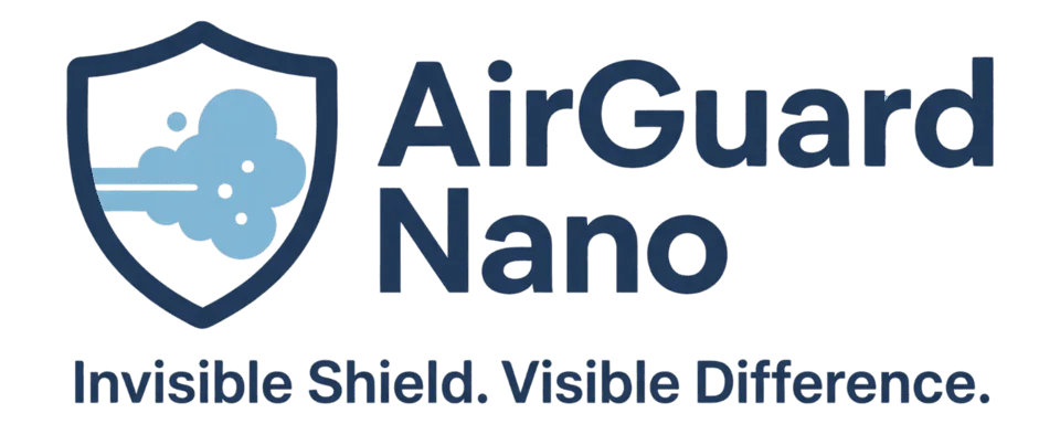 Logo for AirGuard Nano featuring a blue shield with a cluster of dots, and the tagline "Invisible Shield. Visible Difference." on a light background.