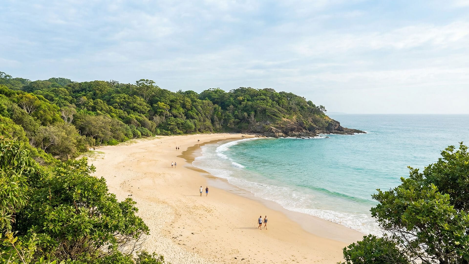 A sandy Noosa beach curves along turquoise water with green forested hills in the background; a few people walk along the shore under a partly cloudy sky.
