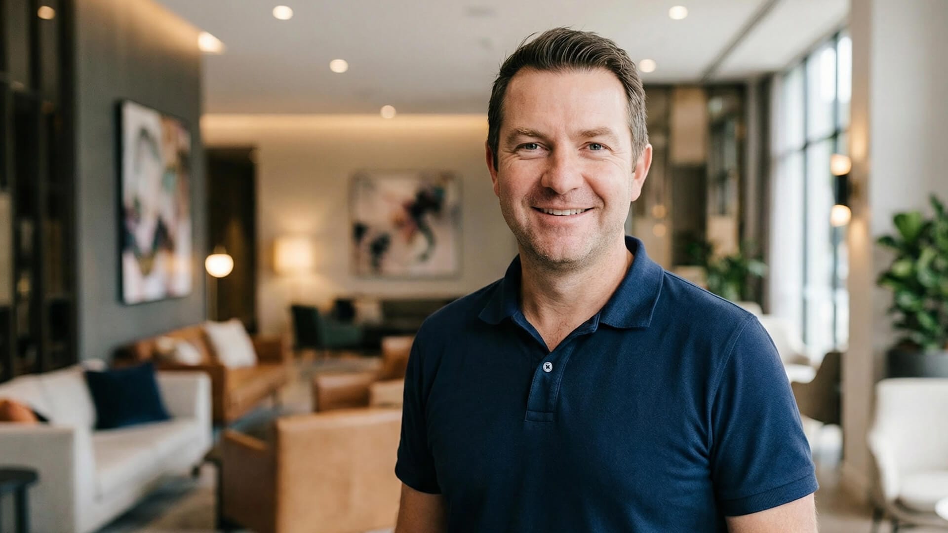 A man in a navy blue polo shirt stands smiling in a modern, well-lit lounge area with sofas and large windows in the background.