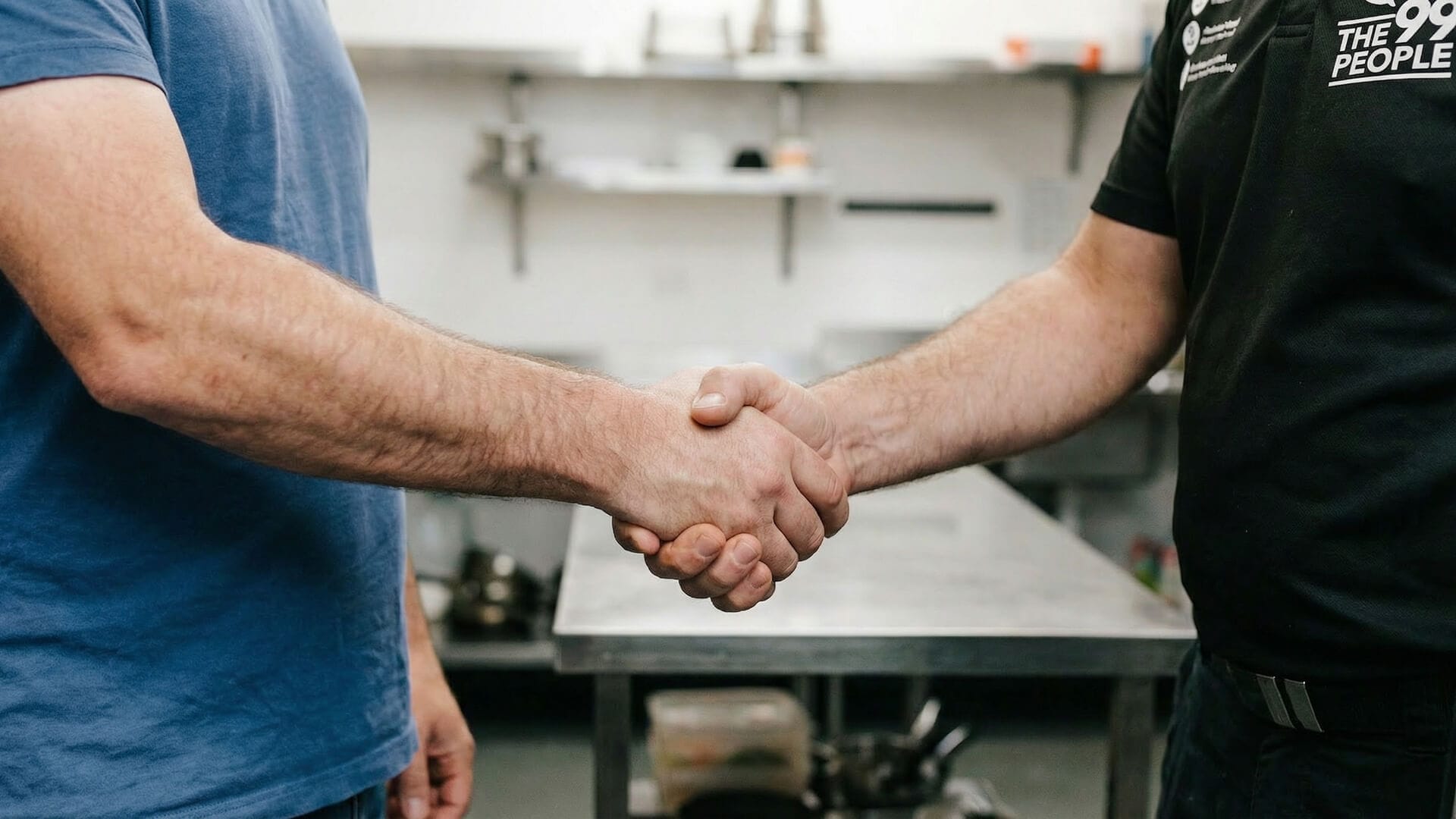 Two people are shaking hands in a commercial kitchen setting, with only their torsos and arms visible.