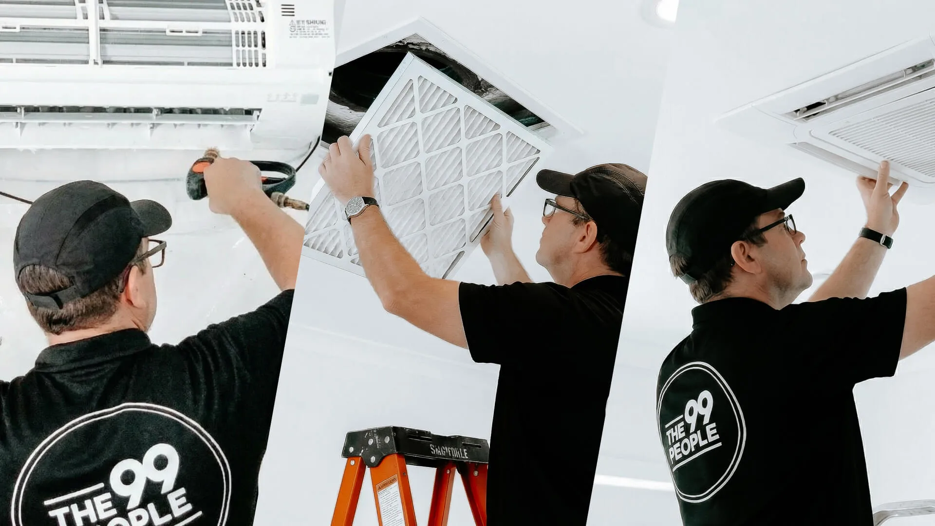 A person in a "The 99 People" shirt services air conditioning units, including Air Conditioner Cleaning Brisbane, using a drill, replacing an air filter, and inspecting a ceiling vent.