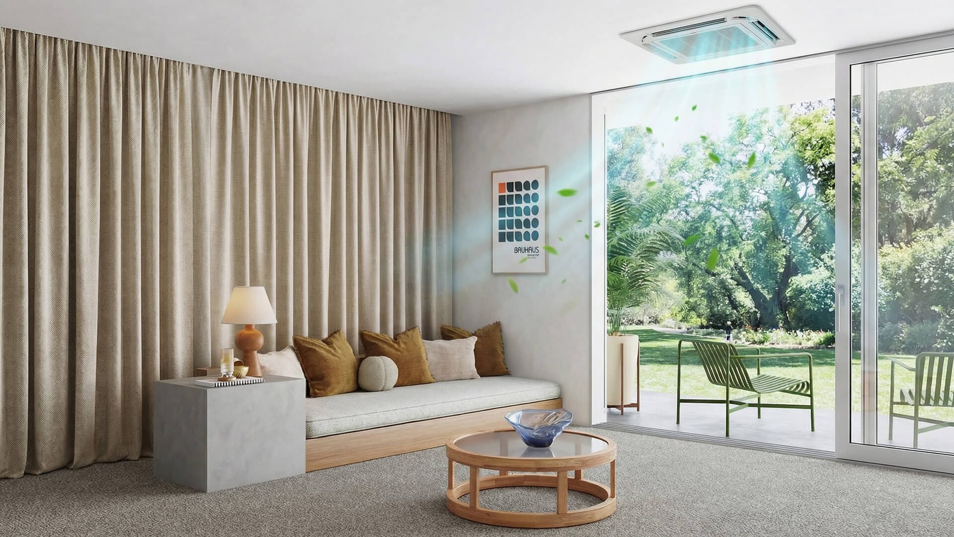 Modern living room with a built-in sofa, round coffee table, beige curtains, and a freshly serviced cassette air conditioner blowing cool air toward a glass door leading to a patio with green outdoor furniture. Cassette Air Conditioner Cleaning ensures pure comfort.