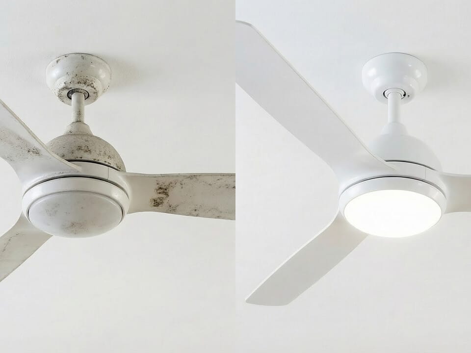 Side-by-side view of a ceiling fan, with the left half showing it dirty and dusty, and the right half showing it clean and white.