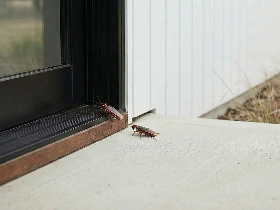 Two cockroaches are on a concrete surface near a door; one is at the threshold while the other approaches the entrance.