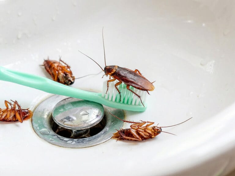 Four cockroaches crawl on and around a green toothbrush in a white sink near the drain.