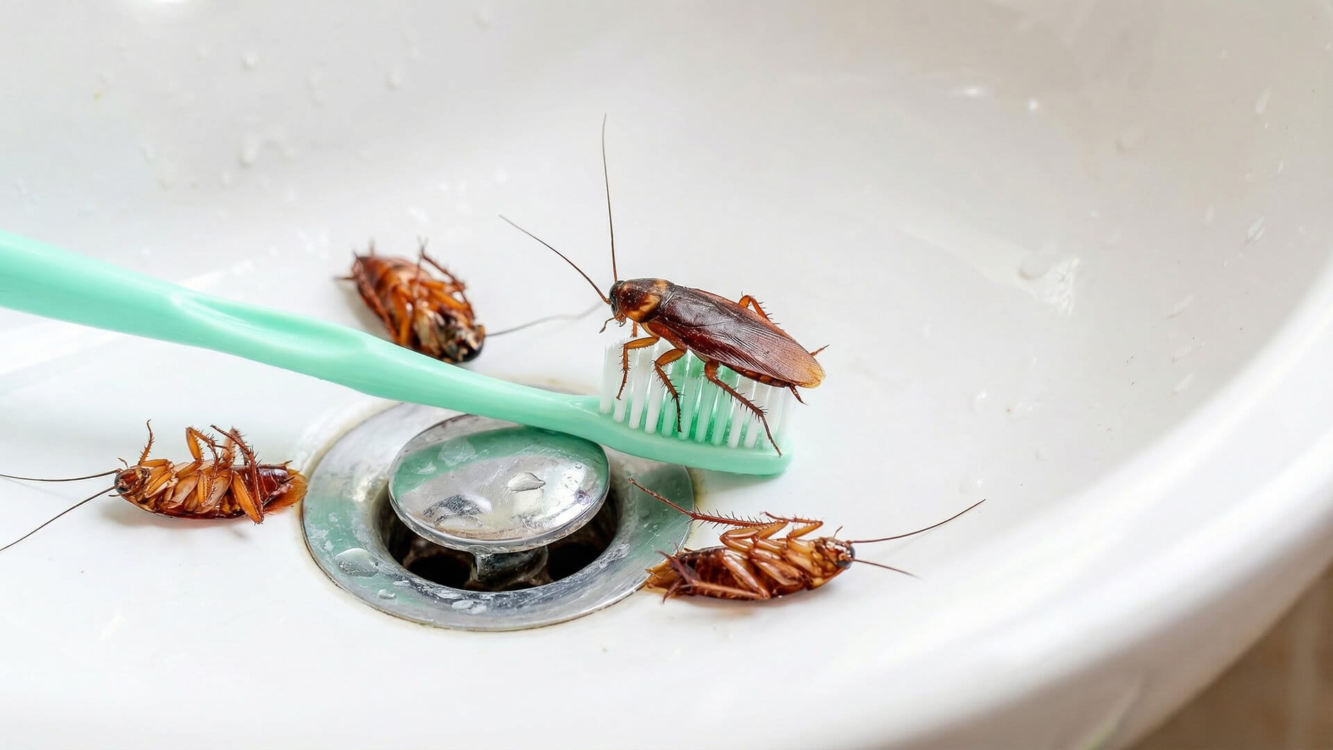 Four cockroaches are in a white sink, with one perched on a green toothbrush near the drain—a clear sign it’s time to consider Cockroach Pest Control.