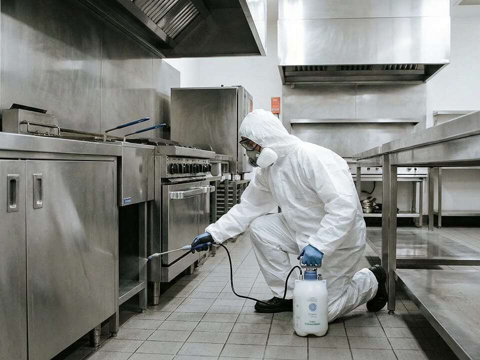 A person in protective gear performs pest control by spraying disinfectant on a stainless steel appliance in a commercial kitchen.