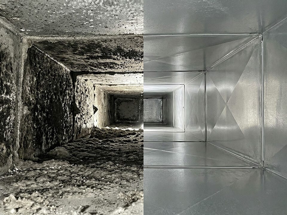 A ventilation aircon duct is shown split vertically; the left half is dirty and covered in dust, while the right half is clean and shiny.