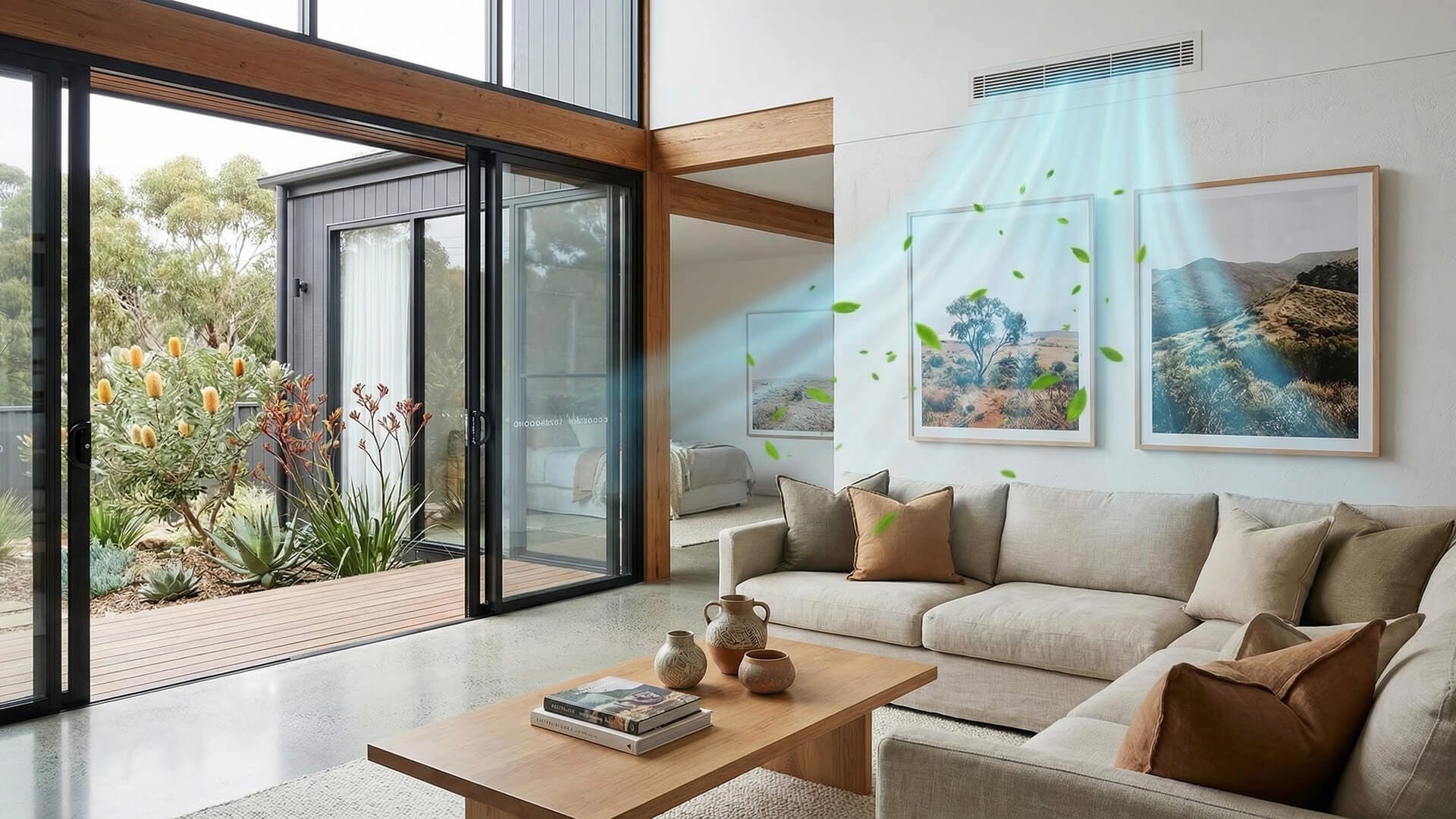 Modern living room with large glass doors open to a patio; green particles and blue airflow streams, linked to Ducted Air Conditioning Cleaning, are illustrated entering the space through a wall vent.