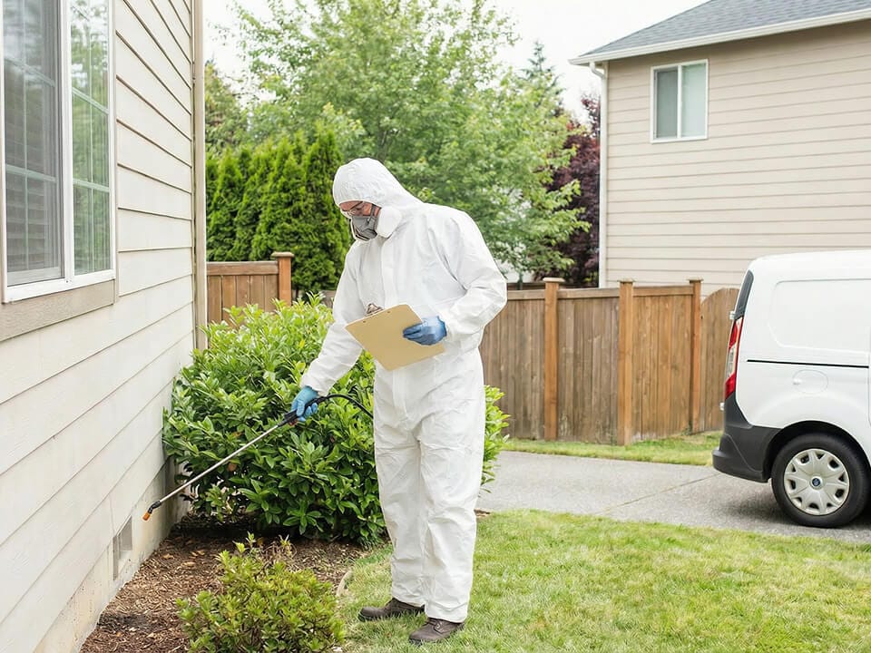 A person in a protective suit sprays pesticide along a house exterior for end of lease pest control, holding a clipboard; a white van is parked nearby in this residential area.