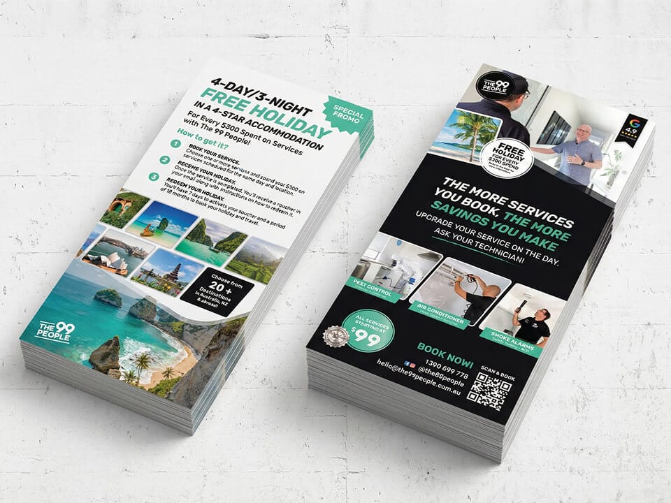Two promotional flyers on a white surface advertise a free holiday offer and various home services, featuring images of tropical destinations and service technicians.