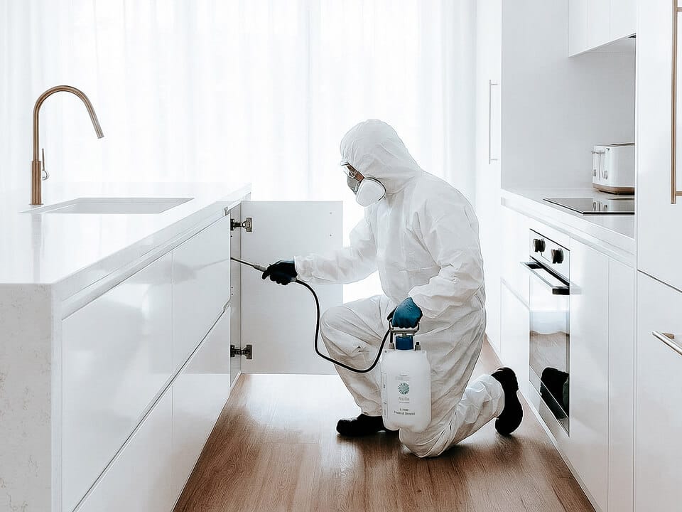 A person in protective gear sprays pesticide inside a kitchen cabinet in a modern, bright Sunshine Coast kitchen.