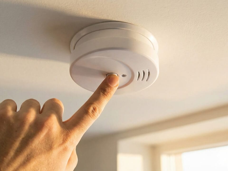 A person’s finger pressing the test button on a smoke detector mounted on a ceiling.