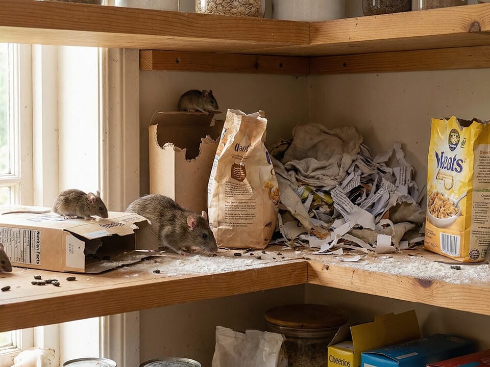 Several rats are on pantry shelves, surrounded by shredded paper, food packaging, and scattered debris, including rat droppings.