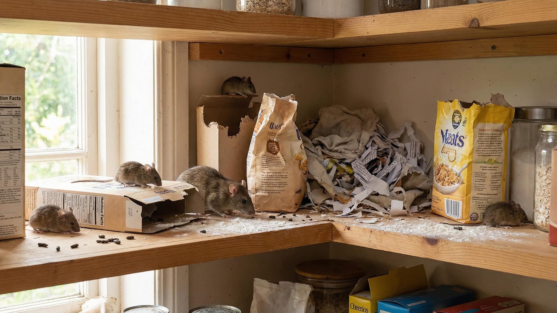 Several mice crawl among torn food packages, spilled cereal, and shredded paper on wooden pantry shelves. Mouse droppings and messy debris are visible throughout the scene, highlighting the urgent need for Rodent Pest Control.