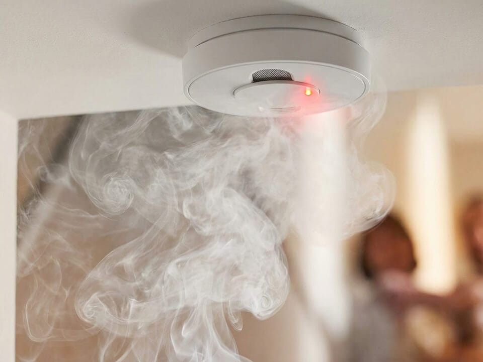 A smoke detector mounted on a Brisbane ceiling emits a red light as smoke rises toward it; two blurred people are visible in the background.
