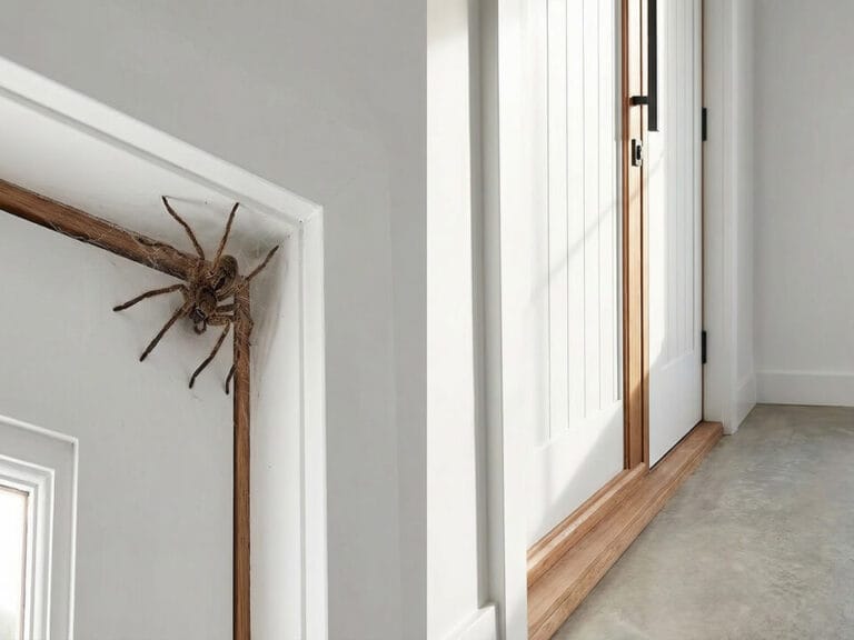 A large spider sits in a web in the upper corner of a white door frame inside a bright, modern room with a glass door and concrete floor.