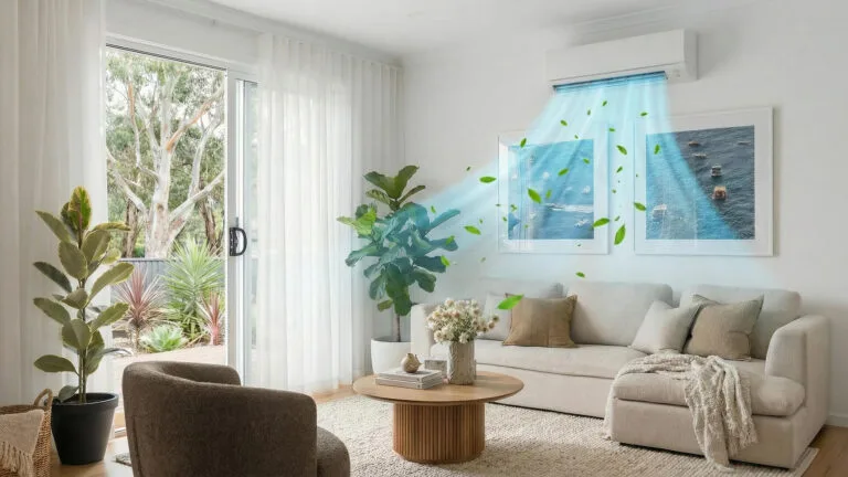 A modern living room with plants, a beige sofa, and a split system air conditioner blowing cool air and green leaves—showing the freshness achieved through regular Split System Air Conditioner Cleaning.